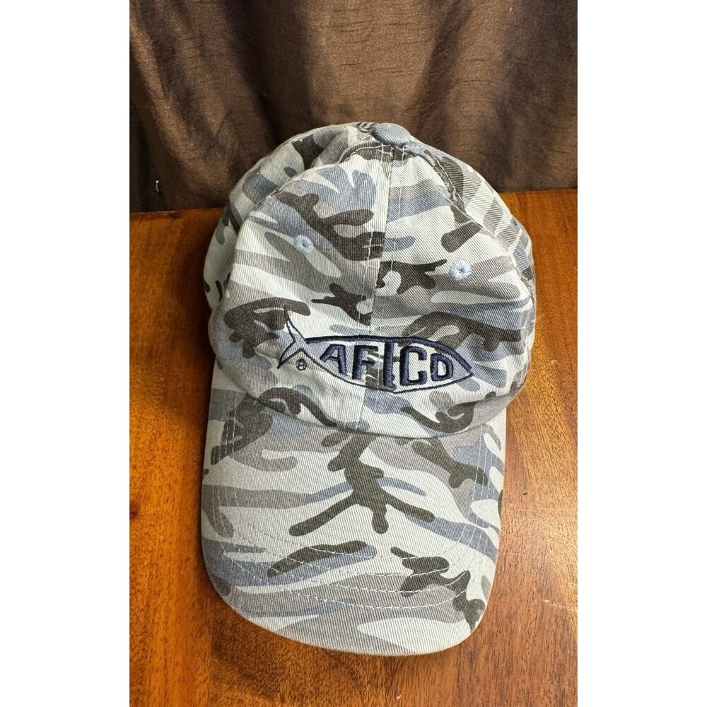 Vintage AFTCO Bluewater Fishing Hat Camo Embroidered Adjustable Cap Y2K Cotton
